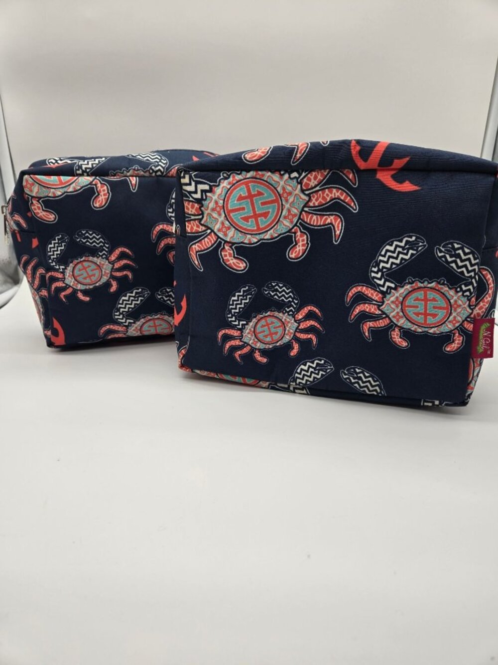 N Gil Navy Coral Crab Nautical Canvas Makeup Toiletry Bag Zip Pouch Coastal